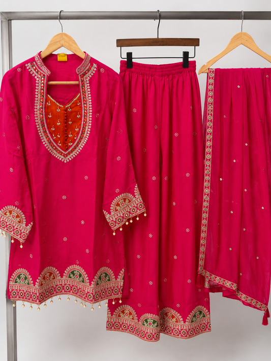 Rani Pink Embroidered Georgette Kurta Set | Contrast Rust Yoke | Palazzo & Dupatta