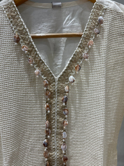 Ivory Shell & Pearl Coord Set – Cowrie Embellished Kota Kurta & Wide-Leg Palazzo