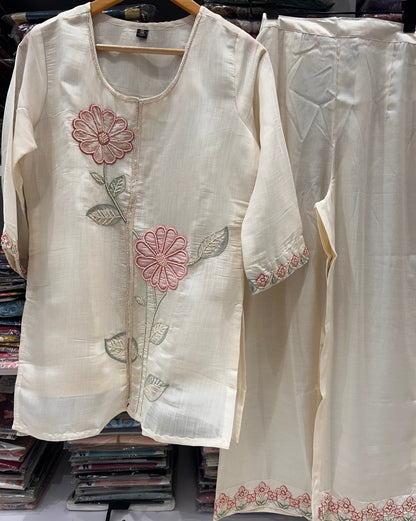 Ivory Bloom Coord Set | Mul Chanderi | Resham & Hand-Beaded Moti Floral Embroidery