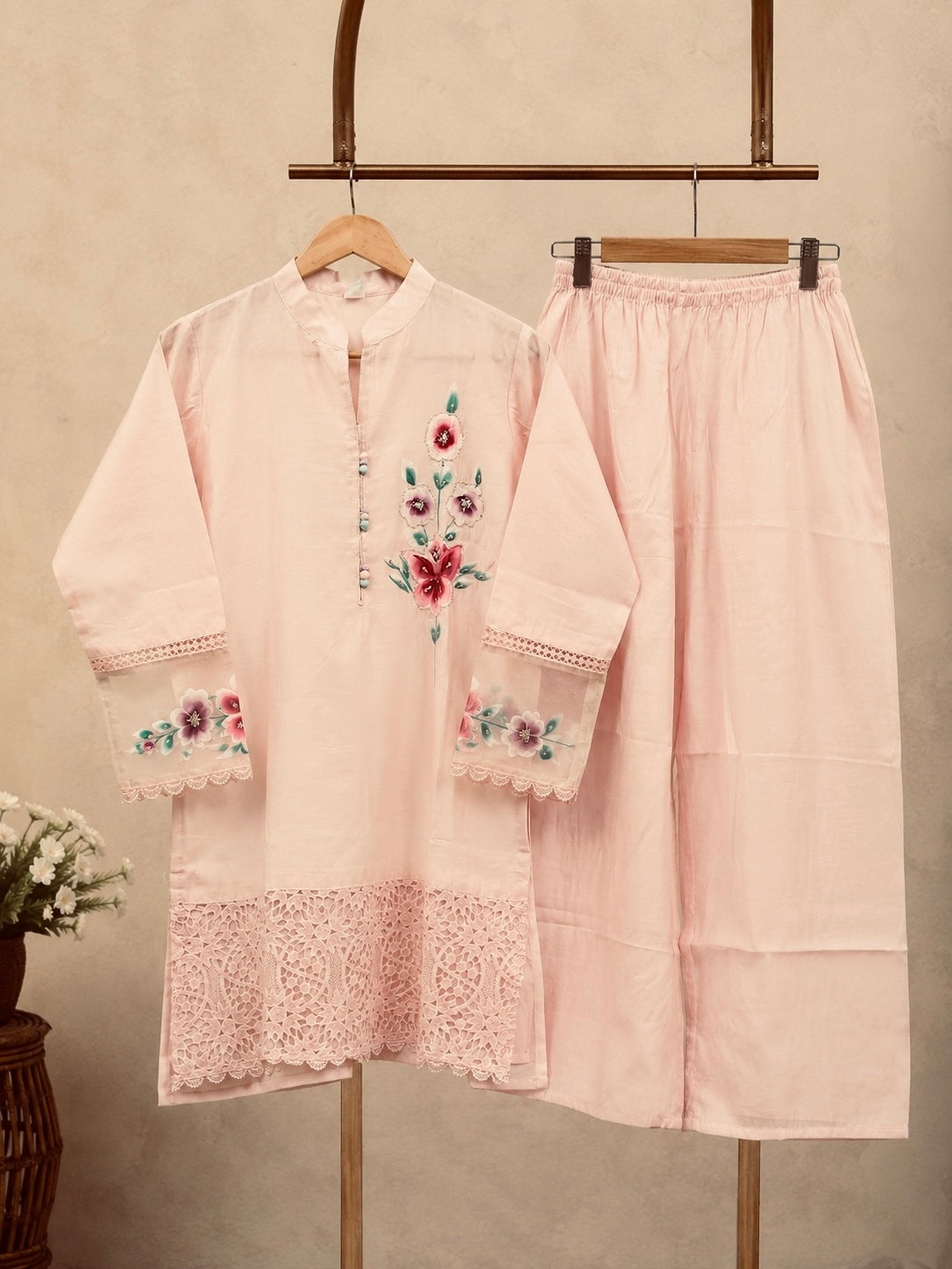 Blush Pink Floral Embroidered Kurta & Palazzo Co-ord Set