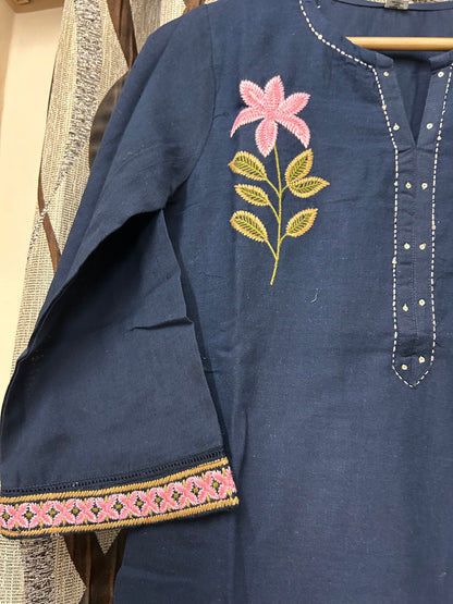 Navy Blue Floral Embroidered Kurta & Palazzo Coord Set