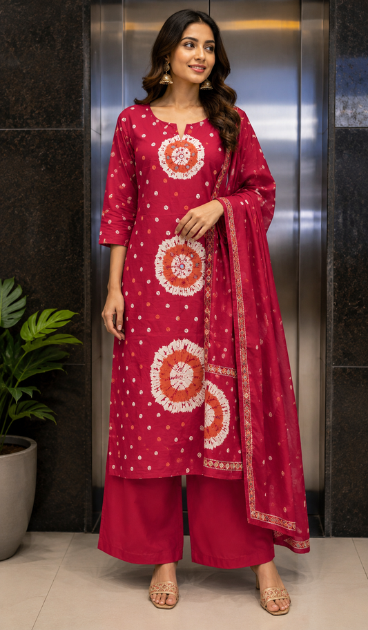 Red Bandhani Shibori Print Kurta Palazzo Set with Dupatta