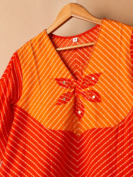 Orange & Red Leheriya Kurti Set with Palazzo & Dupatta (3-Piece)