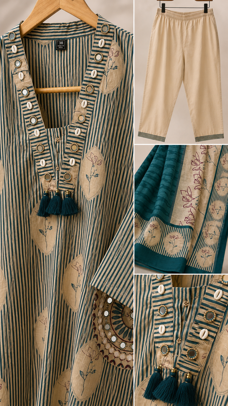 Teal Stripe Floral Block Print Pure Cotton Kurta Set with Dupatta | 3-Piece Coord Set