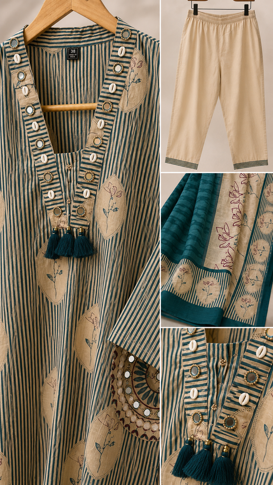 Teal Stripe Floral Block Print Pure Cotton Kurta Set with Dupatta | 3-Piece Coord Set