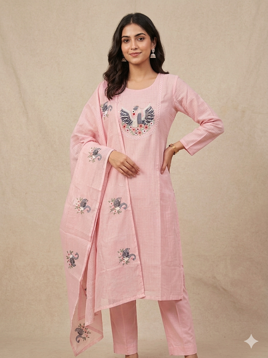 Blush Pink Kota Doria Swan Embroidered Kurti Set with Dupatta