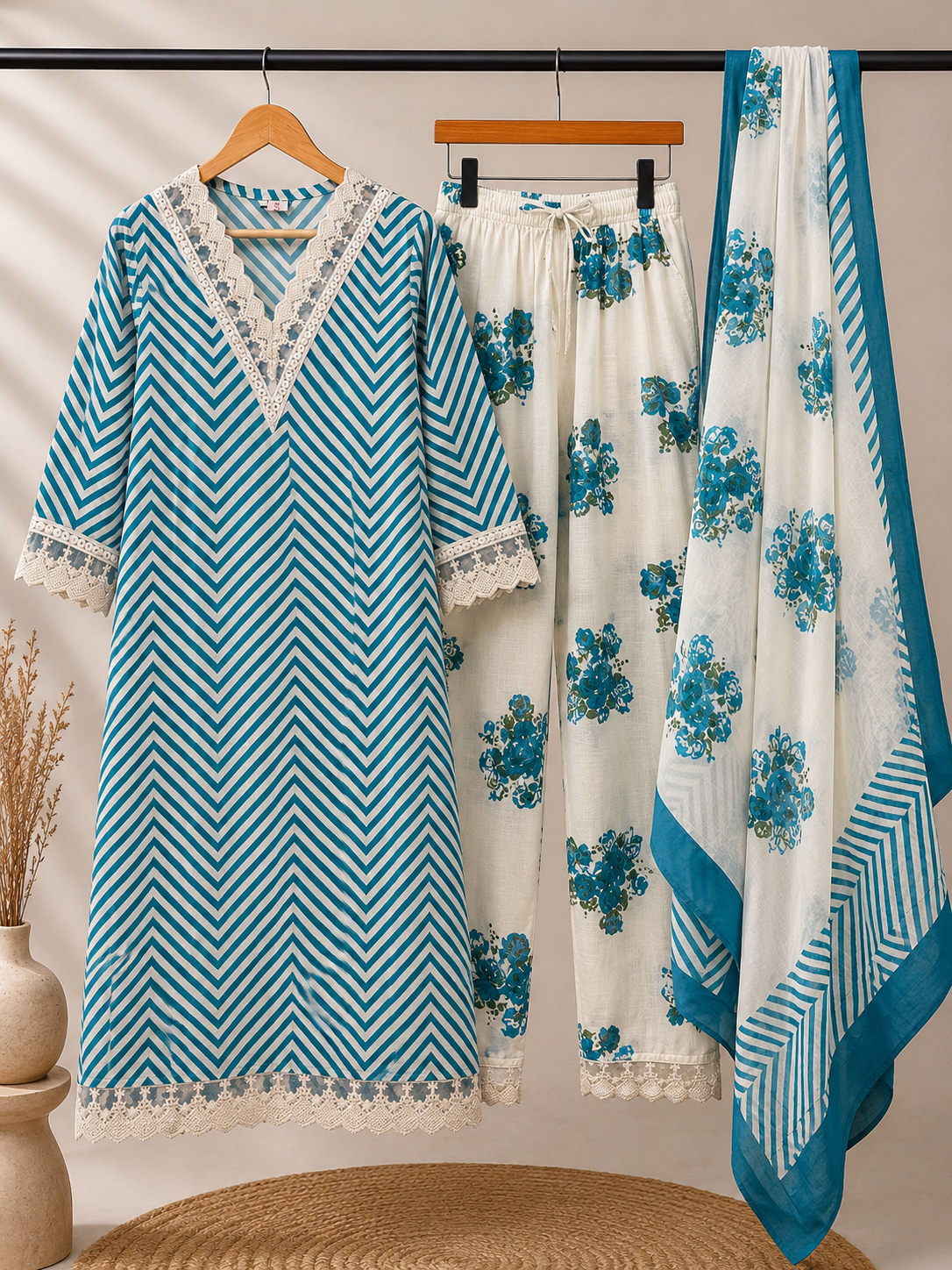 Teal Chevron Stripe & Floral 3-Piece Kurta Set with Lace Detailing | Coord Set with Dupatta