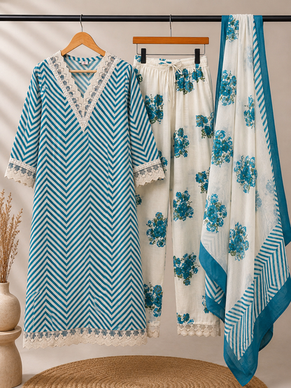 Teal Chevron Stripe & Floral 3-Piece Kurta Set with Lace Detailing | Coord Set with Dupatta