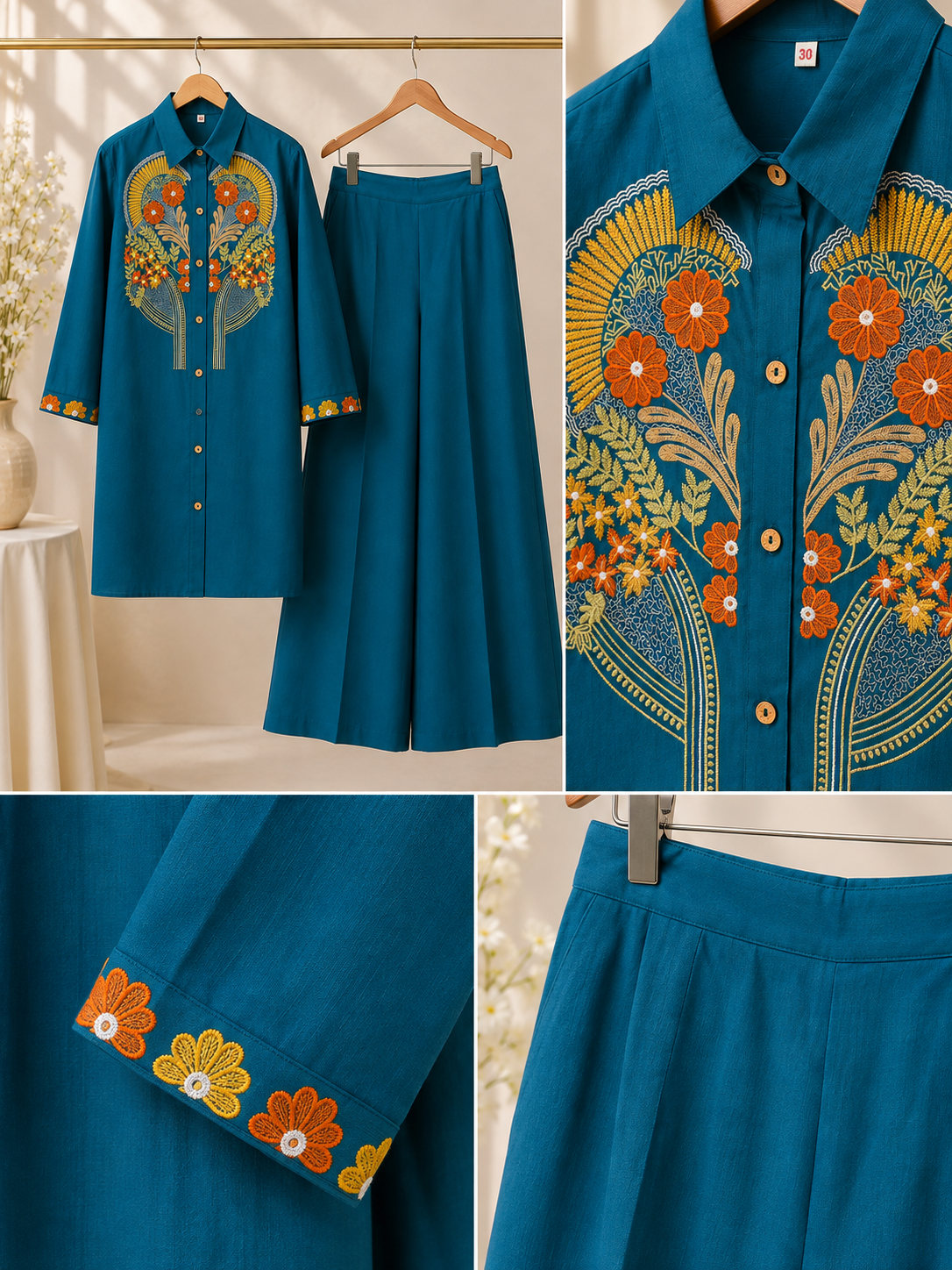 Teal Floral Embroidered Shirt & Palazzo Coord Set