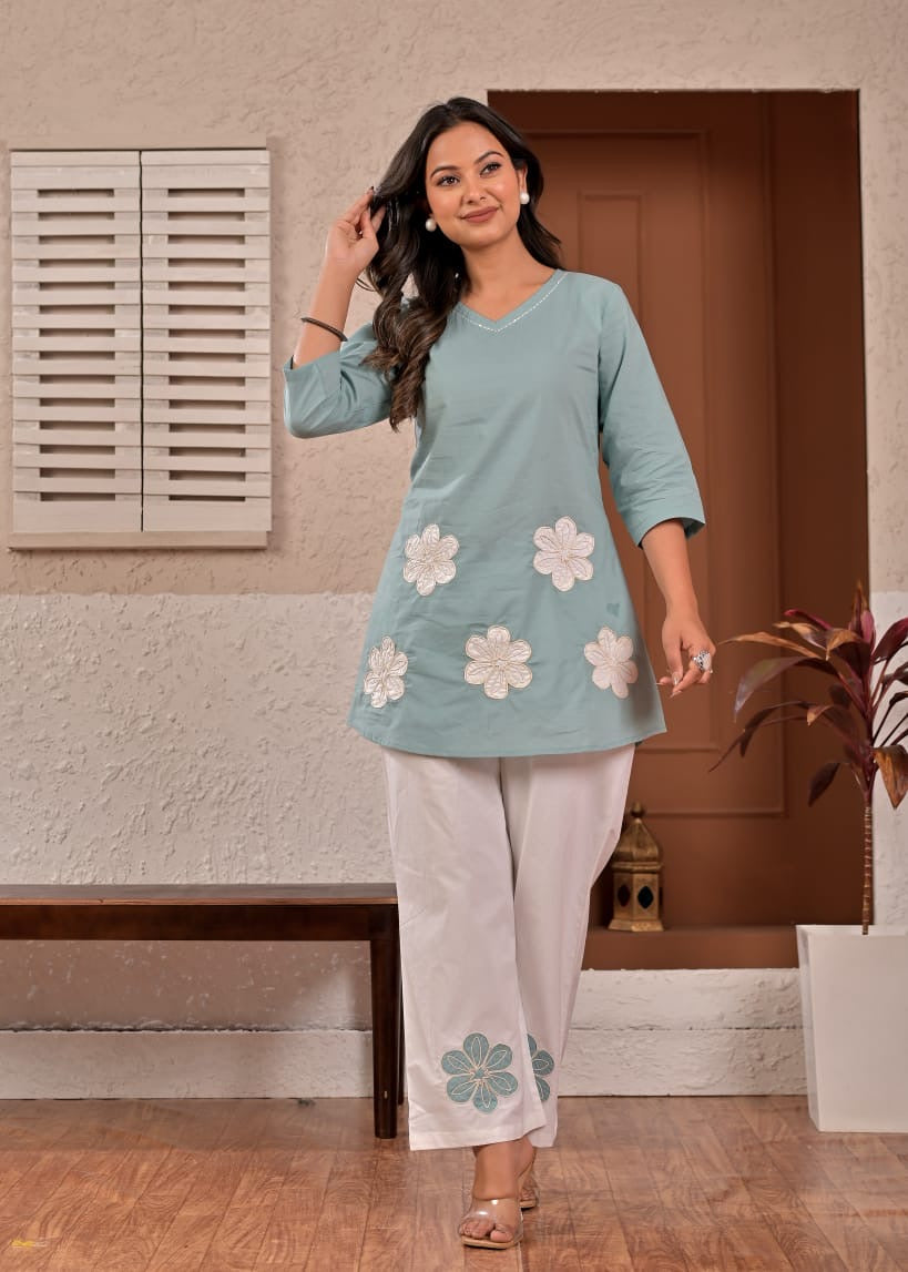 Sage Bloom Floral Appliqué Cotton Coord Set