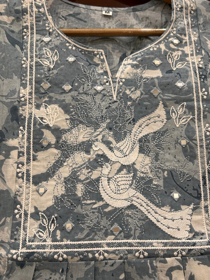 Misty Garden Embroidered Kurti in Slate Blue