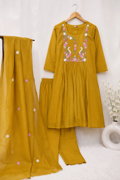 Mustard Crane Garden Embroidered Kurta Set | 3-Piece Coord