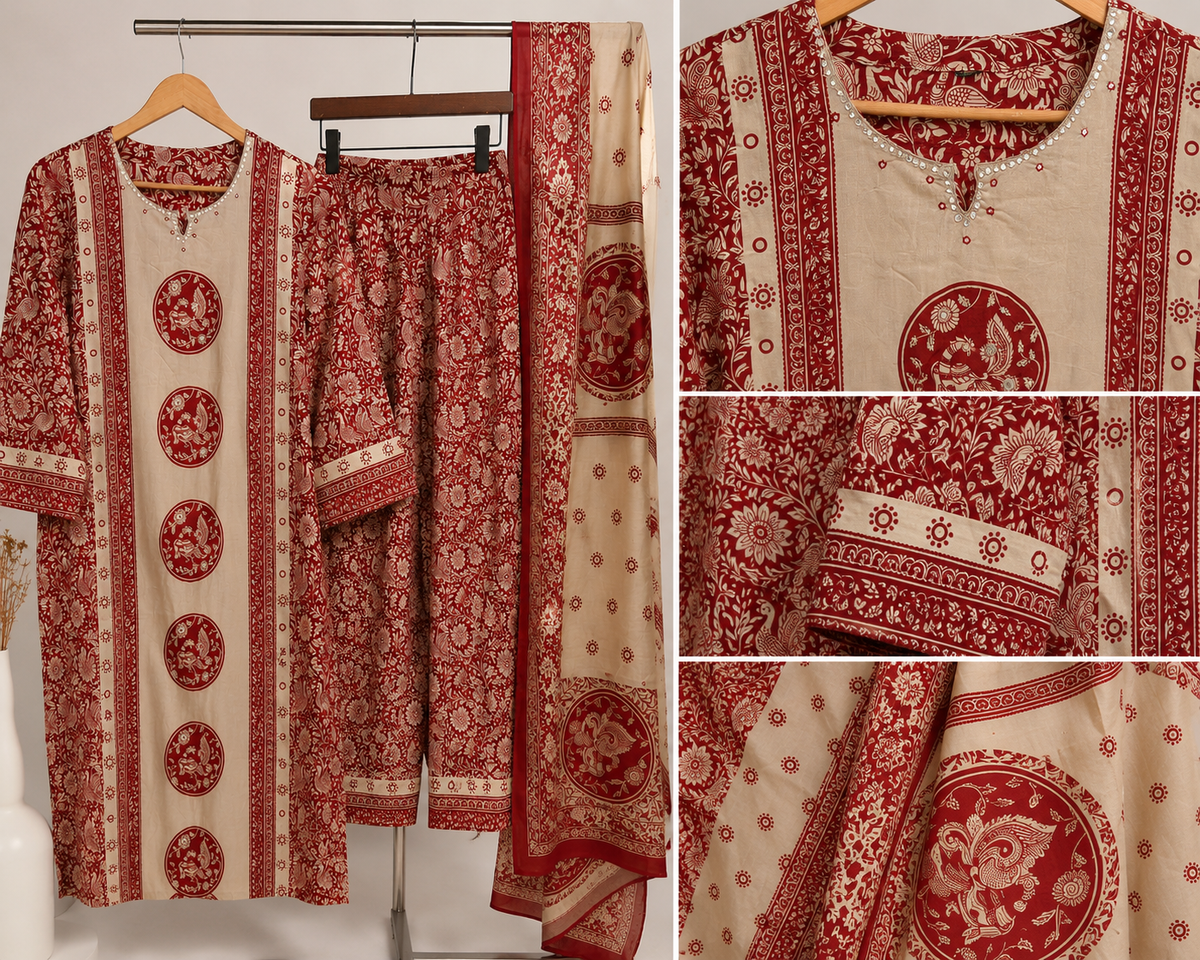 Crimson Heritage Printed Cotton Kurta Set with Dupatta