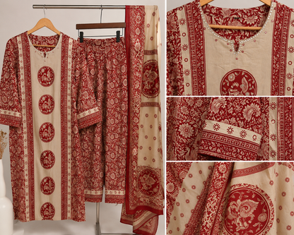 Crimson Heritage Printed Cotton Kurta Set with Dupatta
