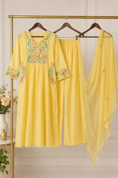 Yellow Floral Embroidered Anarkali Kurta Set with Dupatta