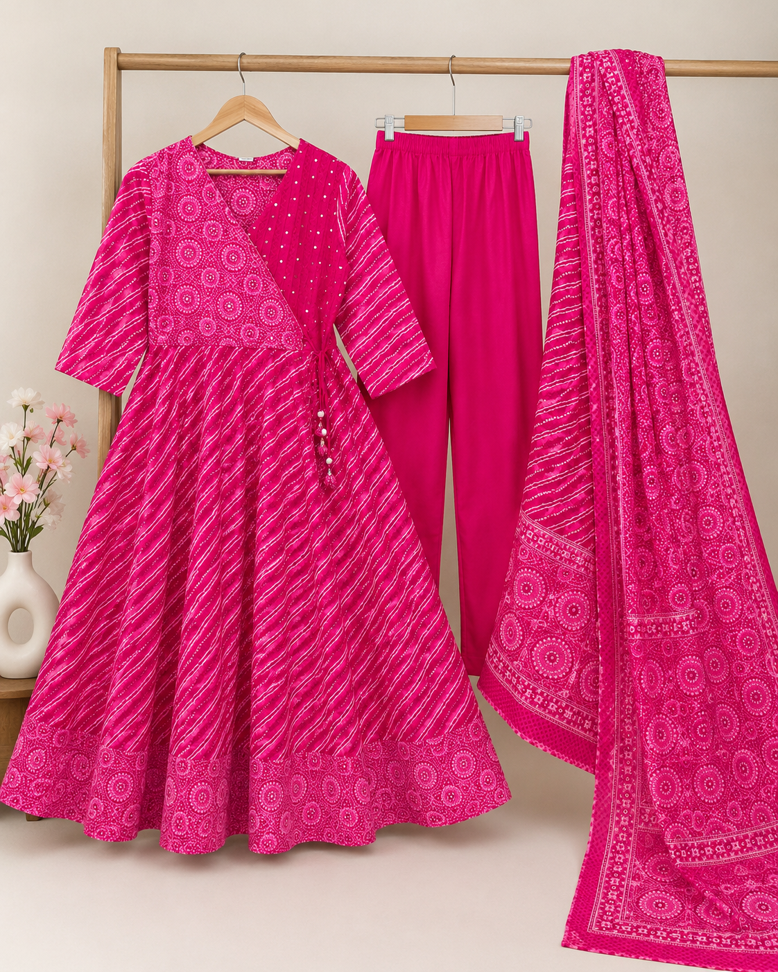 Rani Pink Bandhani Anarkali Suit Set with Palazzo & Dupatta (3-Piece)
