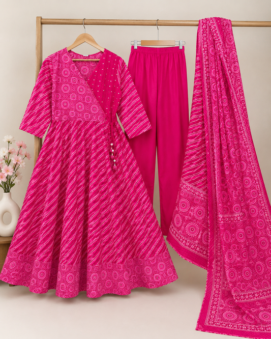 Rani Pink Bandhani Anarkali Suit Set with Palazzo & Dupatta (3-Piece)