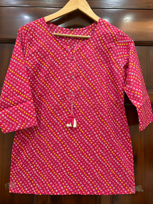 Rani Pink Bandhani Cotton Short Kurti