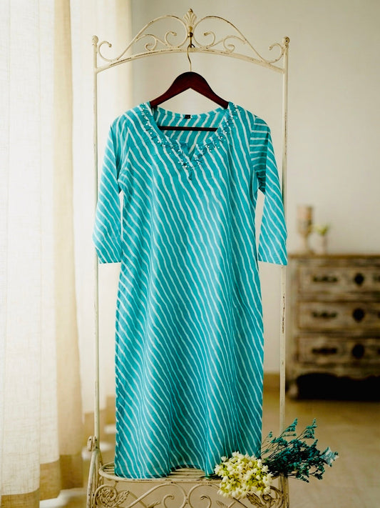 Teal Leheriya Kurti with Mirror-Embellished Neckline