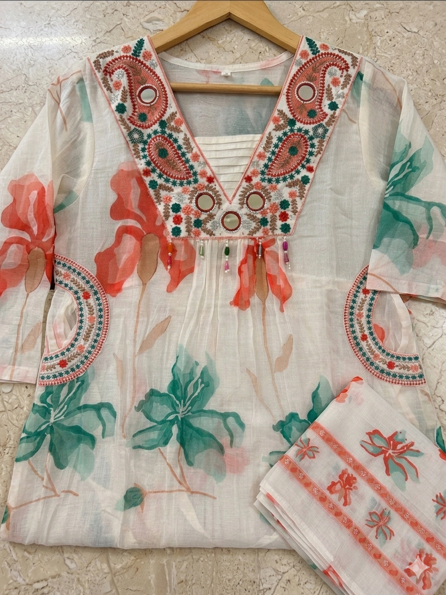 Ivory Bloom Mirror Work Embroidered 3-Piece Mulmul Cotton Kurta Set