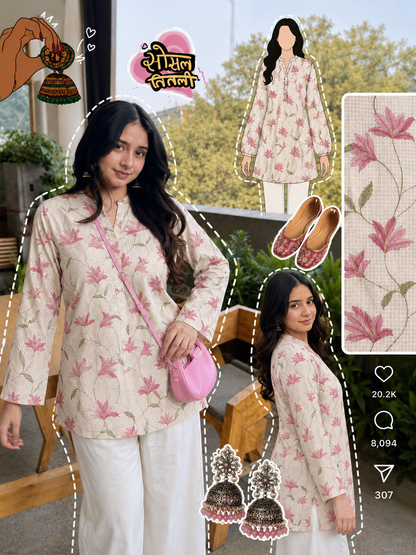 Pink Lily Vine Short Kurti in Pure Cotton