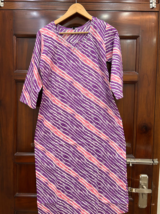Purple & Pink Leheriya Kurti with Mirror-Sequin Embellished Neckline