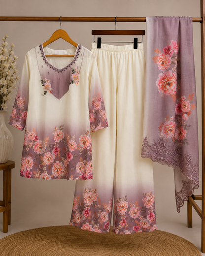 Ivory Mauve Blooming Peony 3-Piece Coord Set