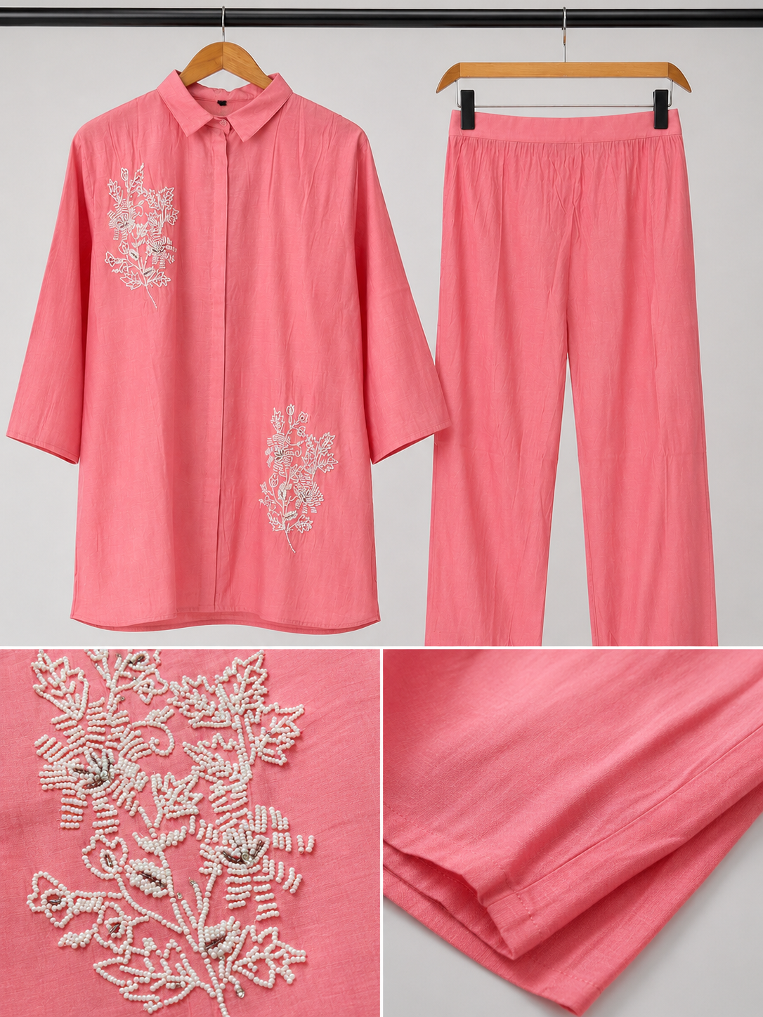 Rose Bloom Pearl Embroidered Cotton Coord Set