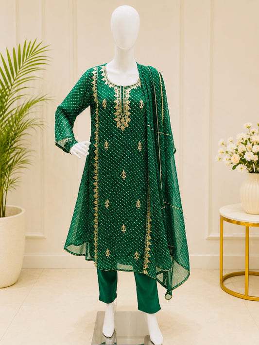Emerald Green Bandhani Georgette Anarkali Kurta Set with Dupatta