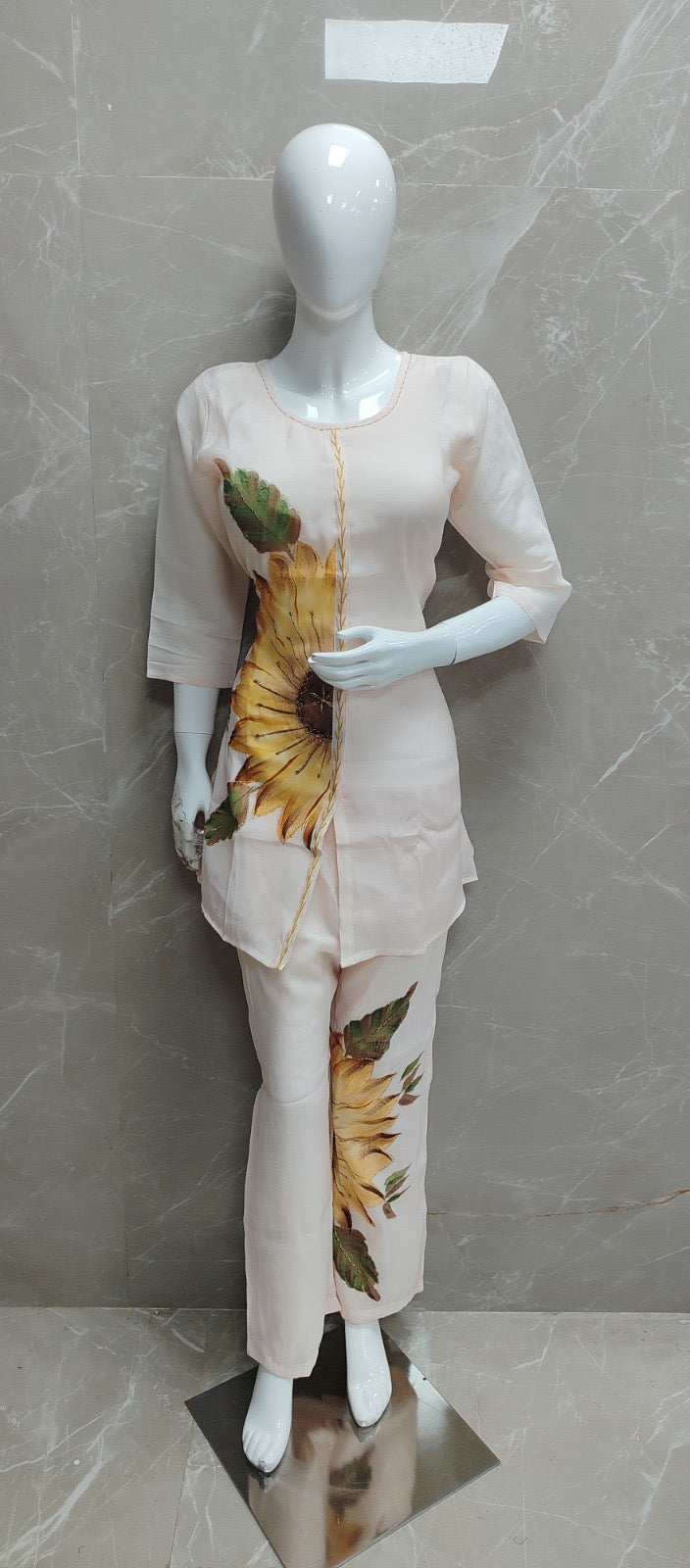 Off-White Sunflower Hand-Painted Cotton Coord Set
