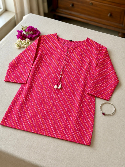 Rani Pink Bandhani Cotton Short Kurti
