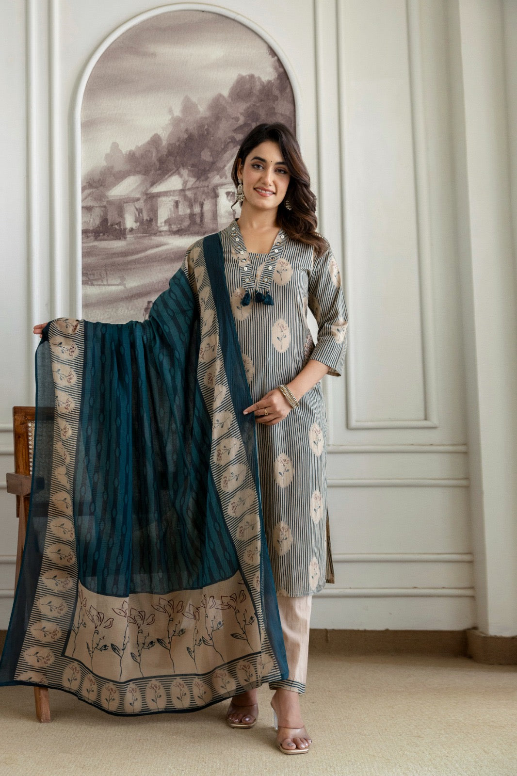 Teal Stripe Floral Block Print Pure Cotton Kurta Set with Dupatta | 3-Piece Coord Set