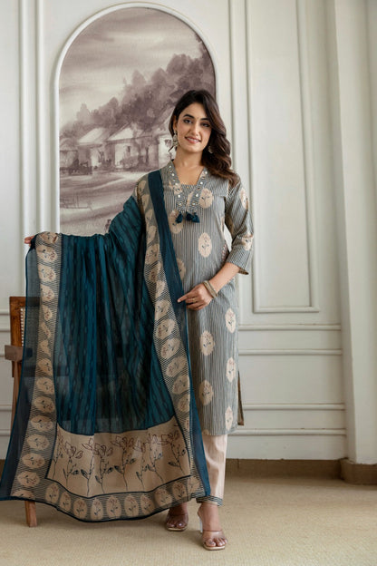 Teal Stripe Floral Block Print Pure Cotton Kurta Set with Dupatta | 3-Piece Coord Set