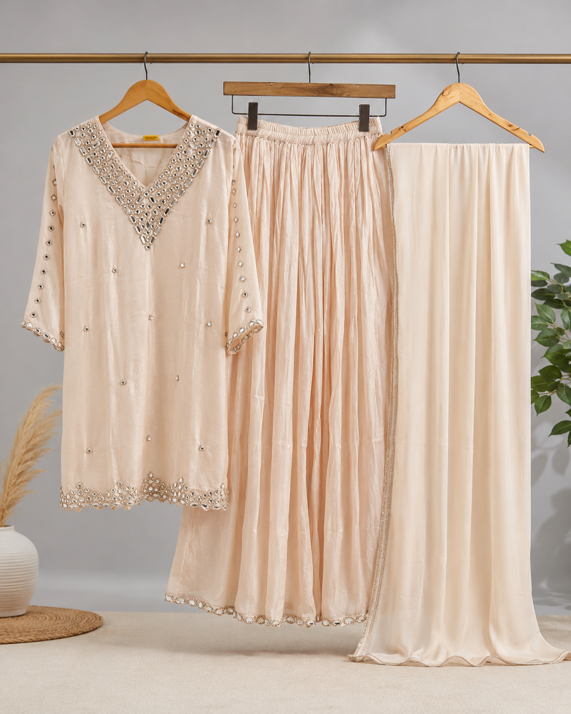 Ivory Mirror Embellished Kurta Set with Gharara & Dupatta