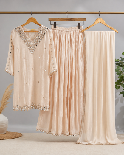 Ivory Mirror Embellished Kurta Set with Gharara & Dupatta