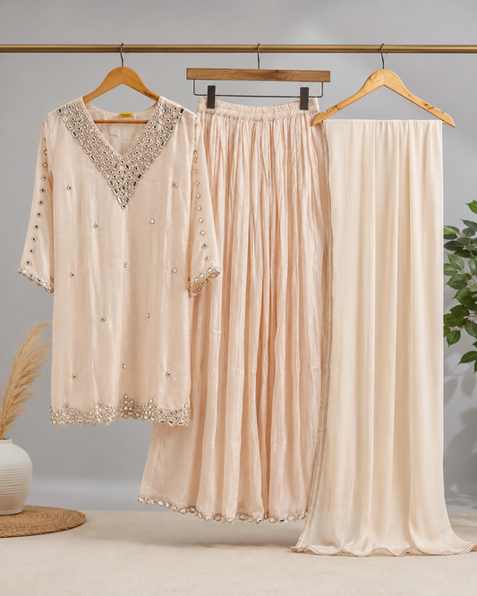 Ivory Mirror Embellished Kurta Set with Gharara & Dupatta