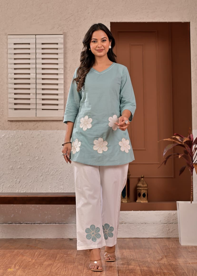 Sage Bloom Floral Appliqué Cotton Coord Set