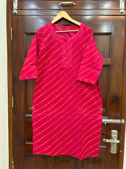 Rani Pink Leheriya Kurti with Button-Down V-Neck