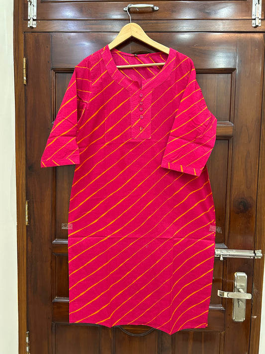 Rani Pink Leheriya Kurti with Button-Down V-Neck