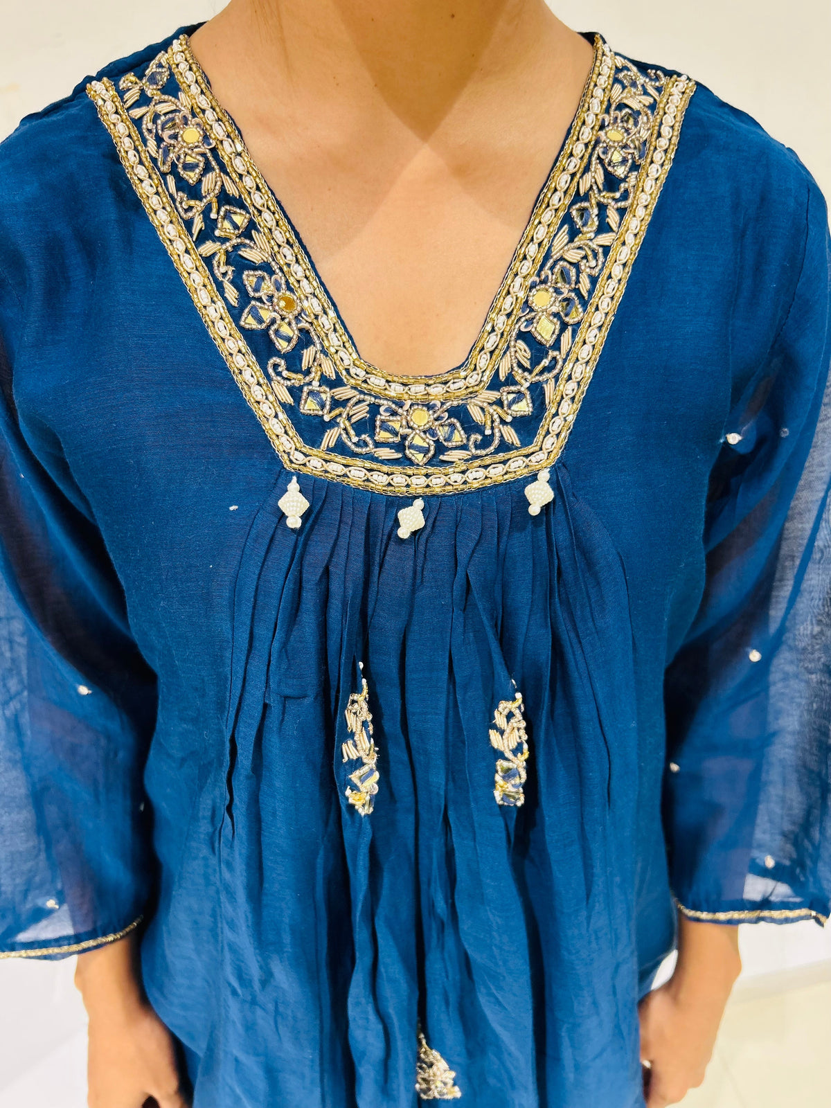 Teal Zari Embroidered Chinnon Coord Set