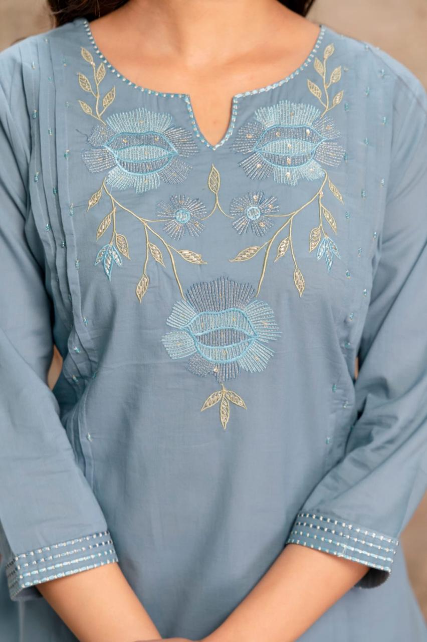 Azure Bloom Embroidered Kurti & Pant Coord Set