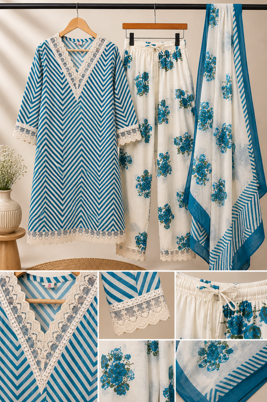 Teal Chevron Stripe & Floral 3-Piece Kurta Set with Lace Detailing | Coord Set with Dupatta