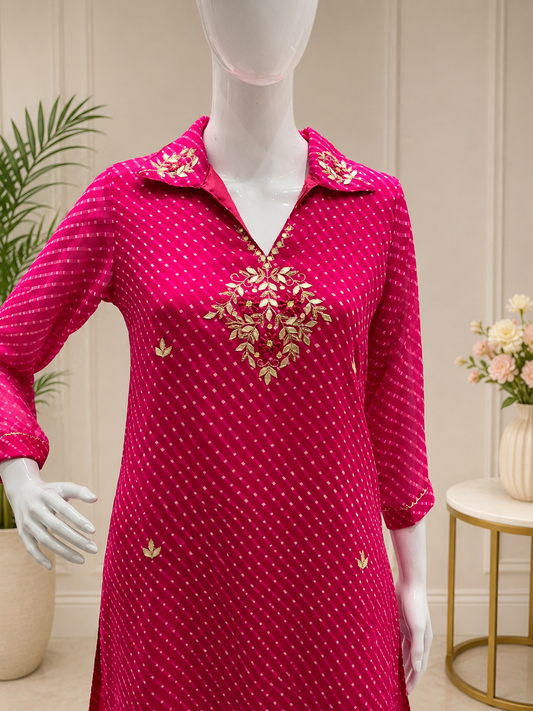 Rani Pink Bandhani Embroidered Coord Set