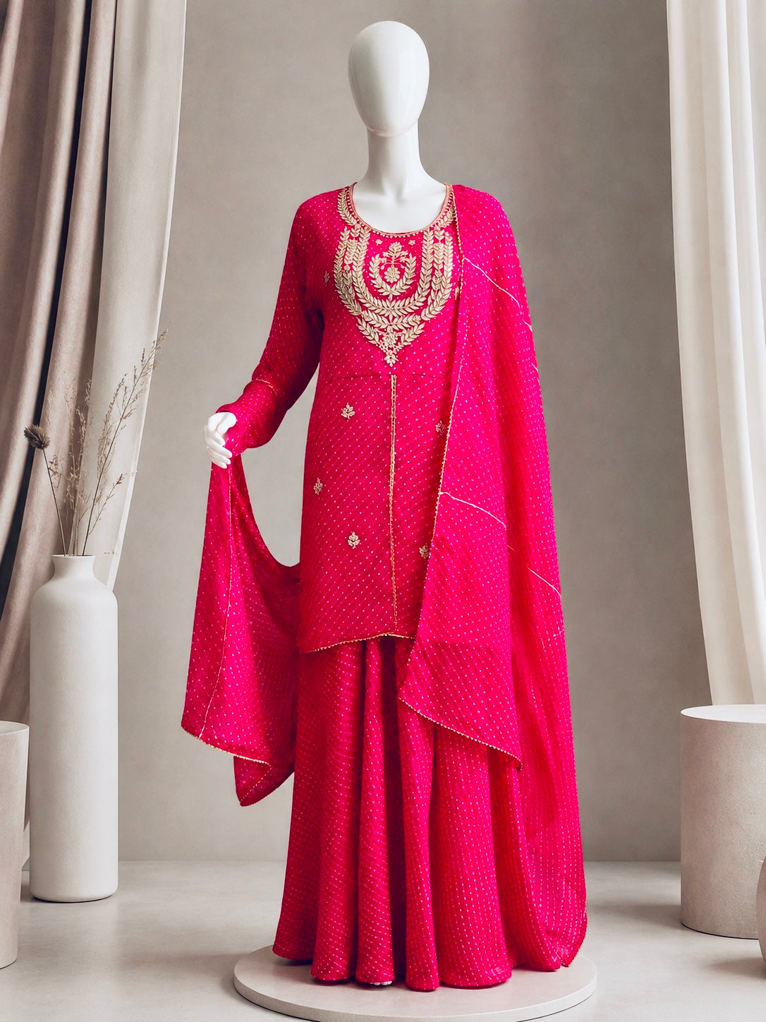 Rani Pink Mothra Kurta Sharara Set with Gold Zardozi Embroidery & Dupatta
