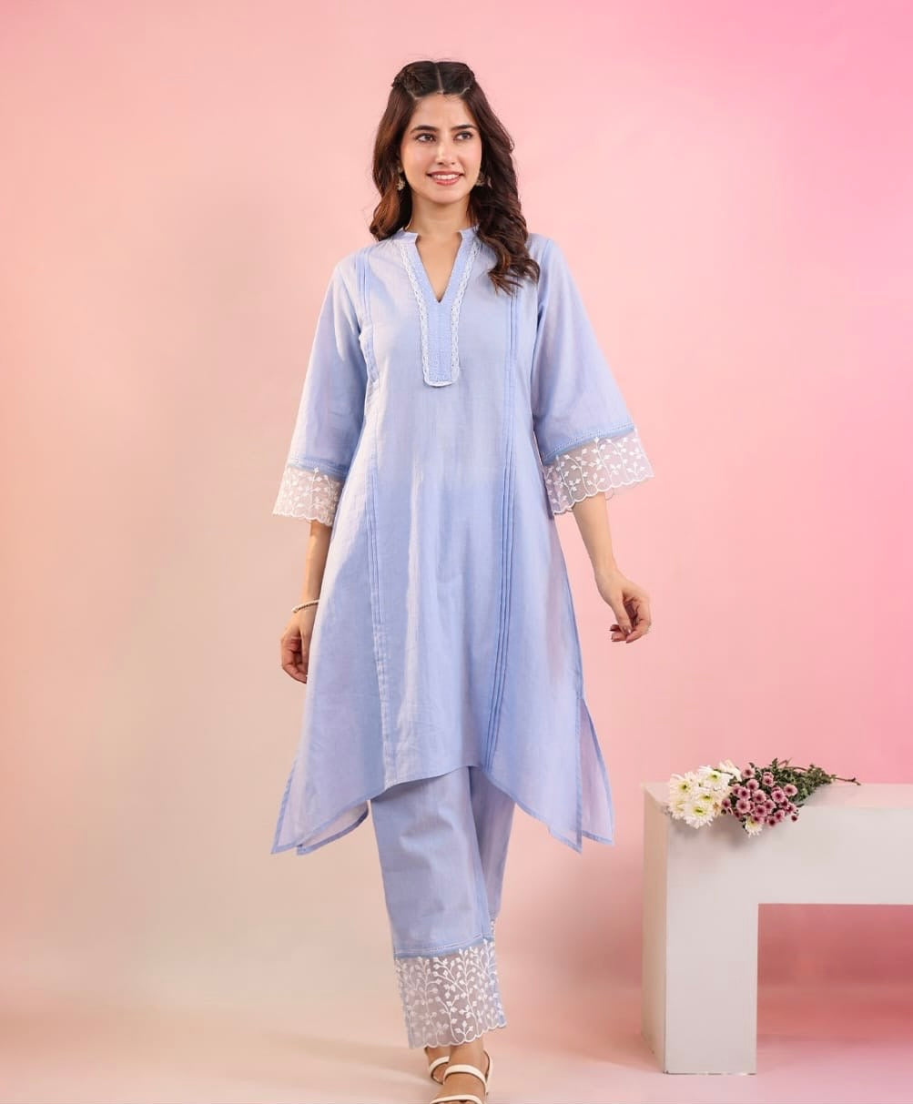 Sky Blue Asymmetric Kurta Co-ord Set with Schiffli Lace
