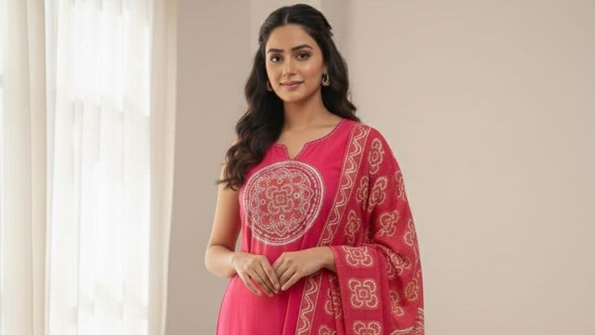 Woman wearing a pink traditional outfit with white patterns in a room with plants and a rug.