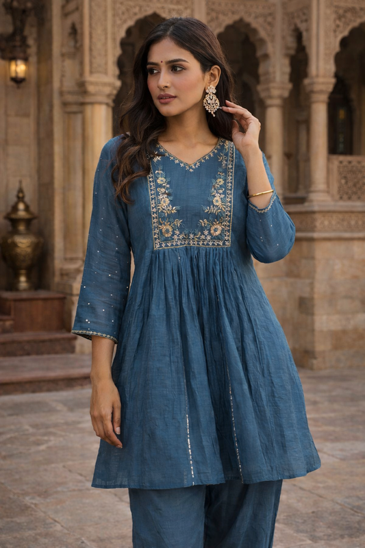 Indigo Bloom Coord Set with Zari & Resham Embroidered Yoke