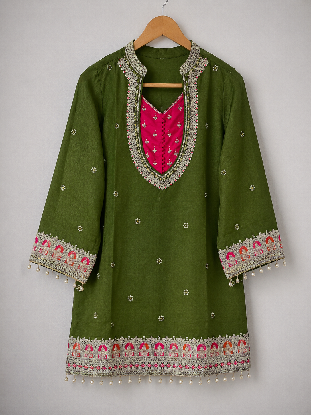 Olive Green Embroidered Georgette Kurta Set | Contrast Rani Pink Yoke | Palazzo & Dupatta