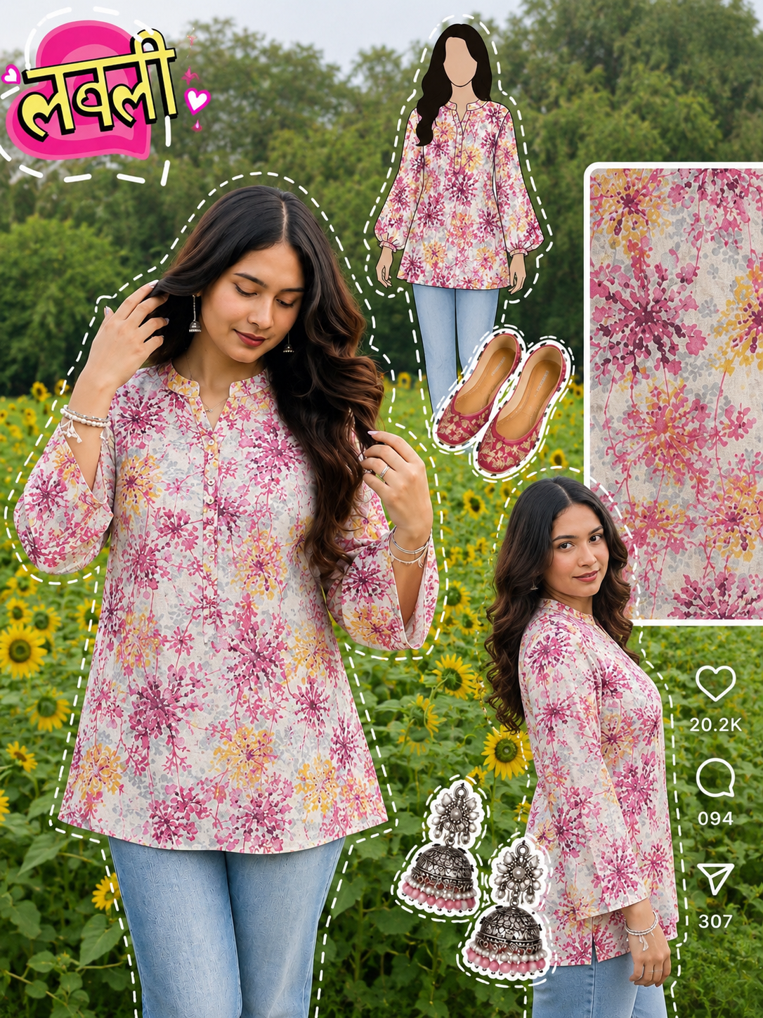Bloom Burst Floral Short Kurti in Pure Cotton
