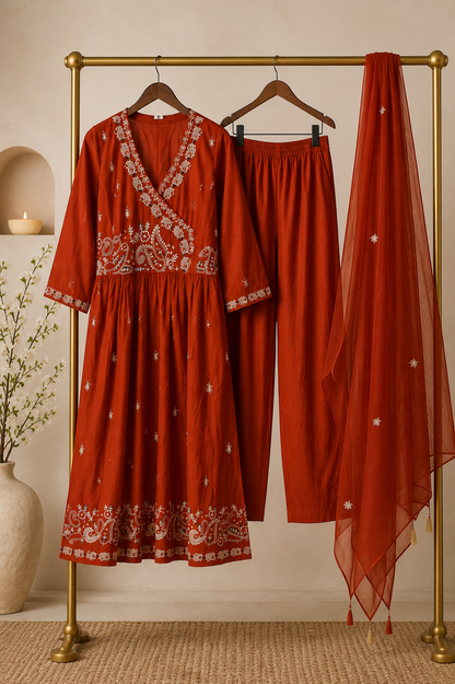 Rust Red Paisley Embroidered Anarkali Kurta Set with Dupatta